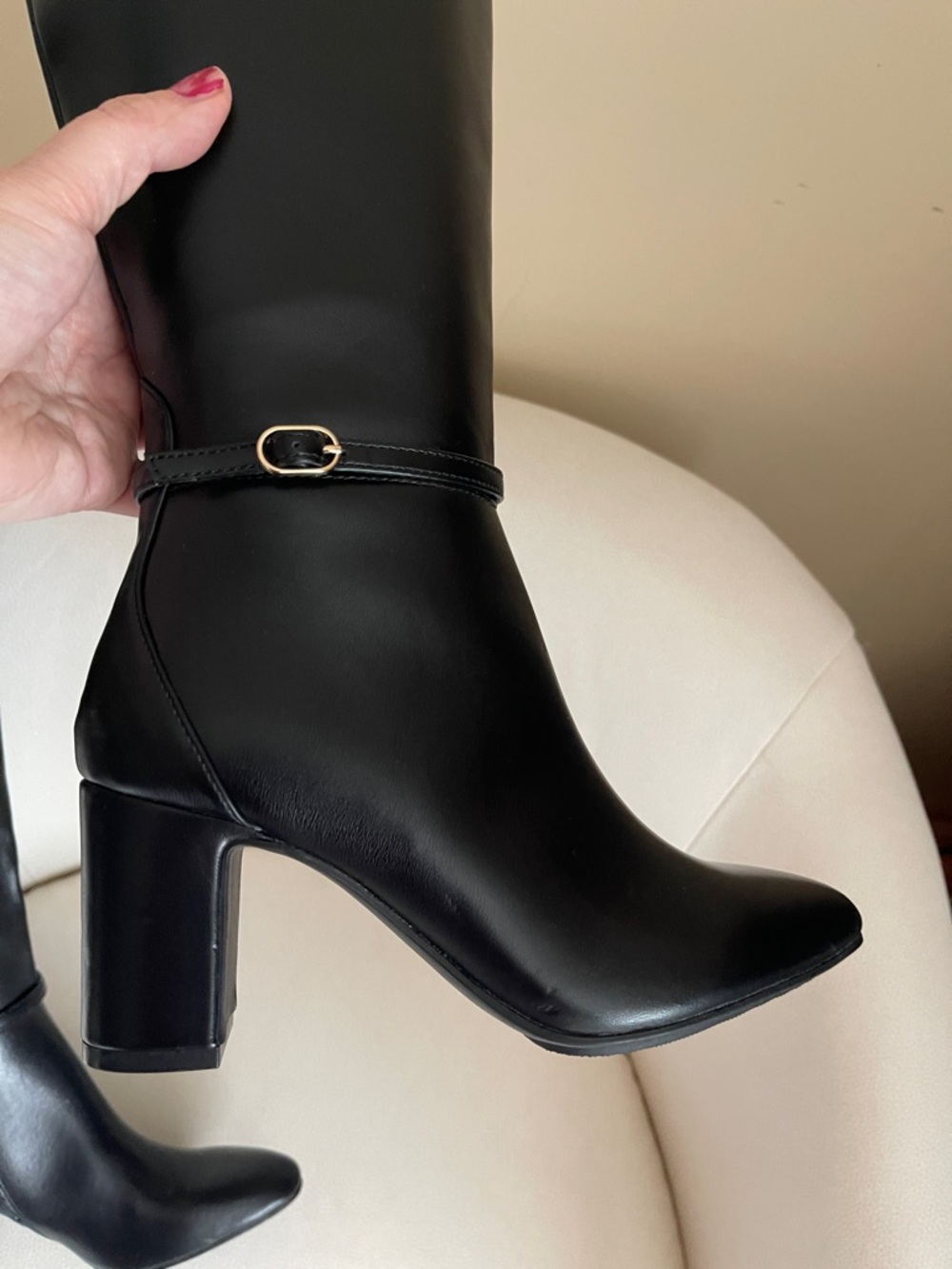 Anne Klein Black Mid-Calf Block Heel Boots with Ankle Strap - Picture 8 of 15